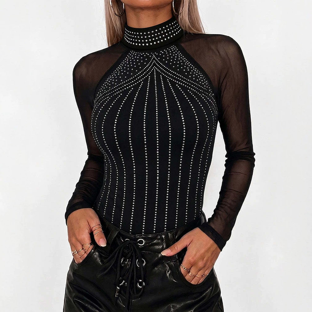 Women’s Black Rhinestone Mesh-Sleeve Bodysuit