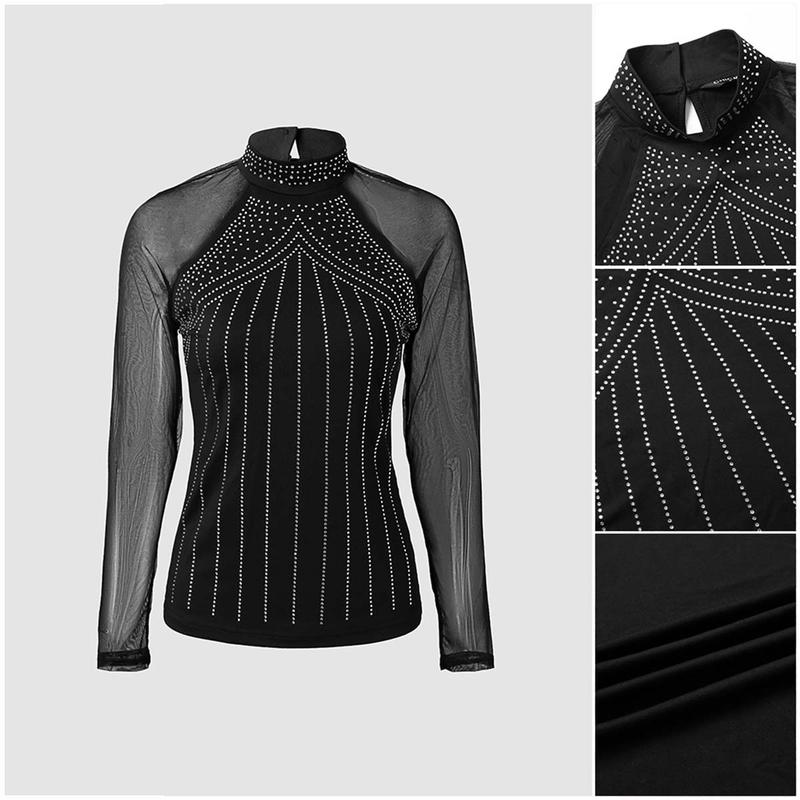 Women’s Black Rhinestone Mesh-Sleeve Bodysuit