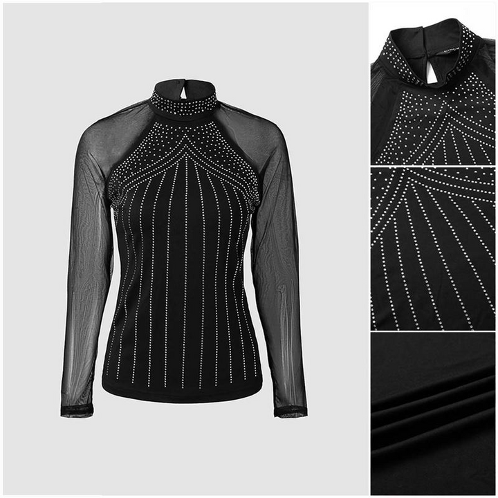 Women’s Black Rhinestone Mesh-Sleeve Bodysuit