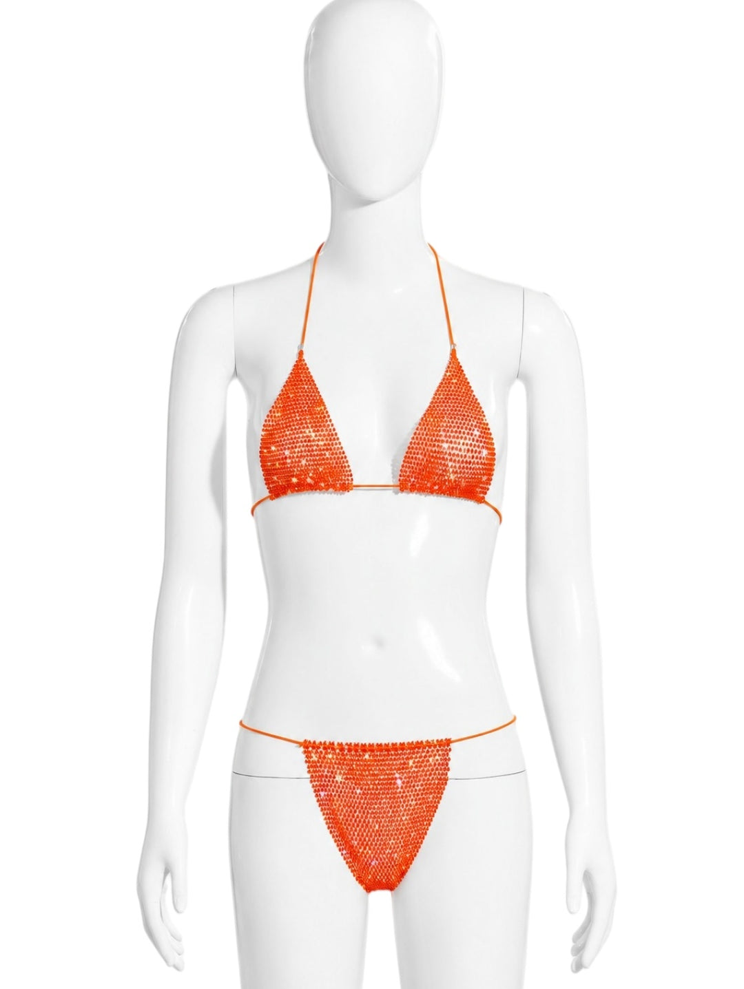 Two-piece triangle-style halter bikini with rhinestones