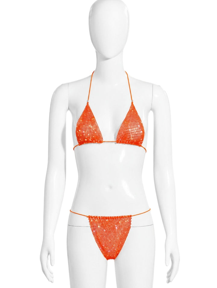 Two-piece triangle-style halter bikini with rhinestones