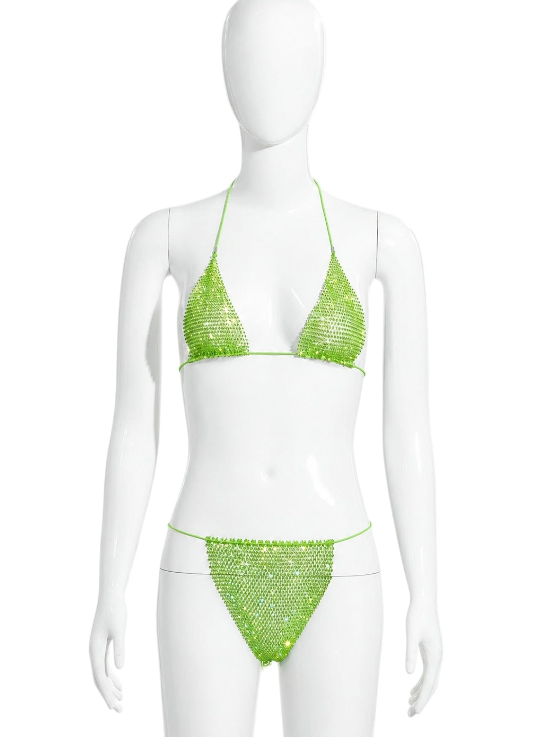 Two-piece triangle-style halter bikini with rhinestones