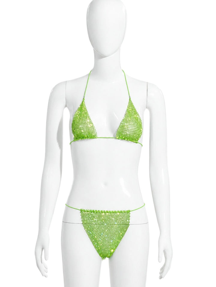 Two-piece triangle-style halter bikini with rhinestones