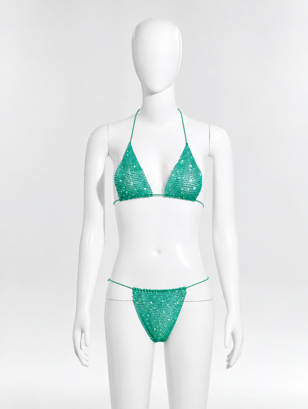 Two-piece triangle-style halter bikini with rhinestones