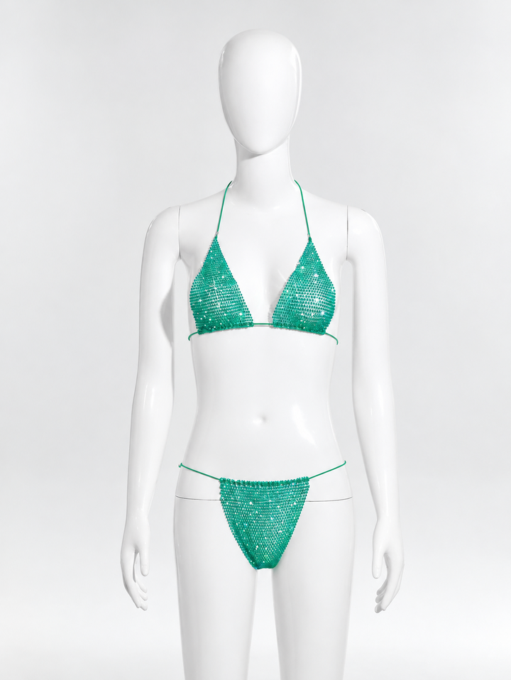Two-piece triangle-style halter bikini with rhinestones