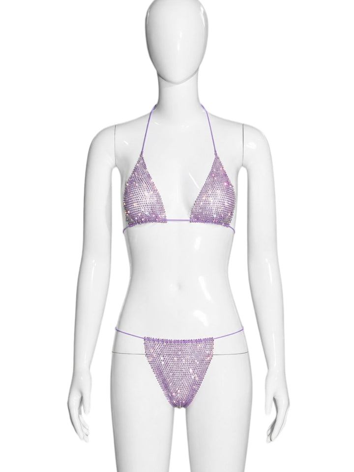 Two-piece triangle-style halter bikini with rhinestones