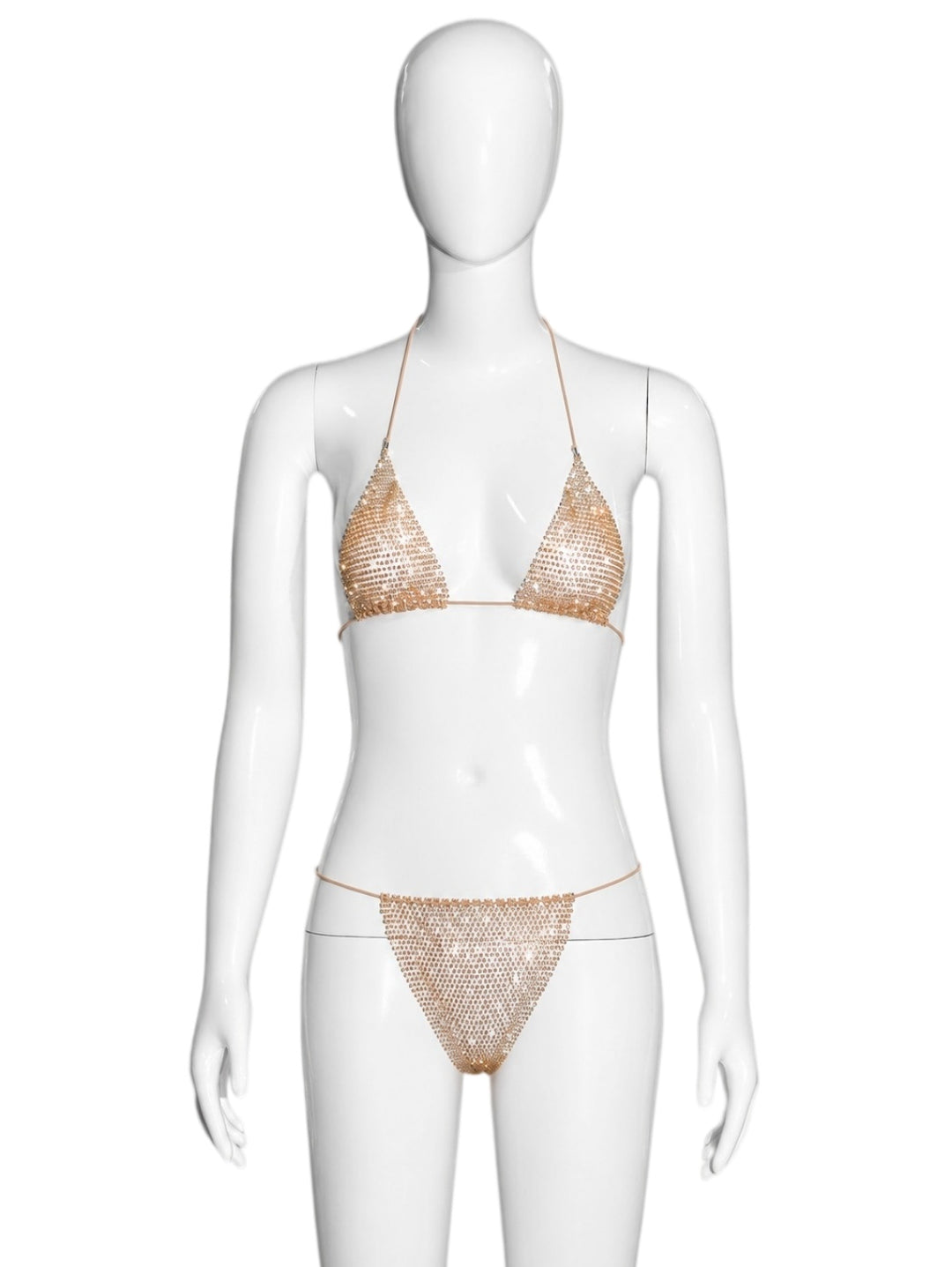 Two-piece triangle-style halter bikini with rhinestones