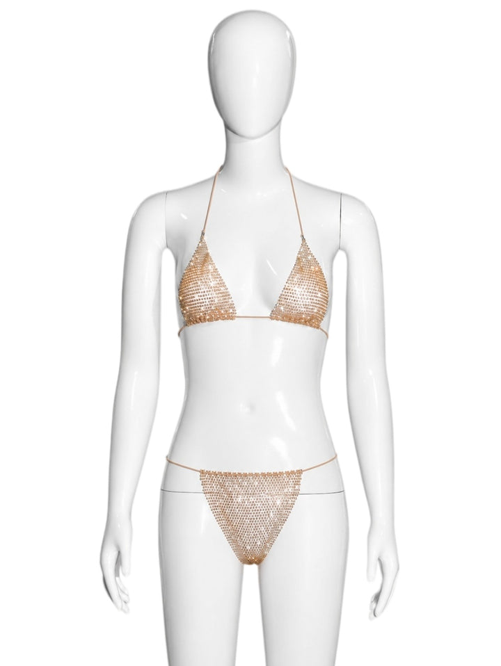 Two-piece triangle-style halter bikini with rhinestones
