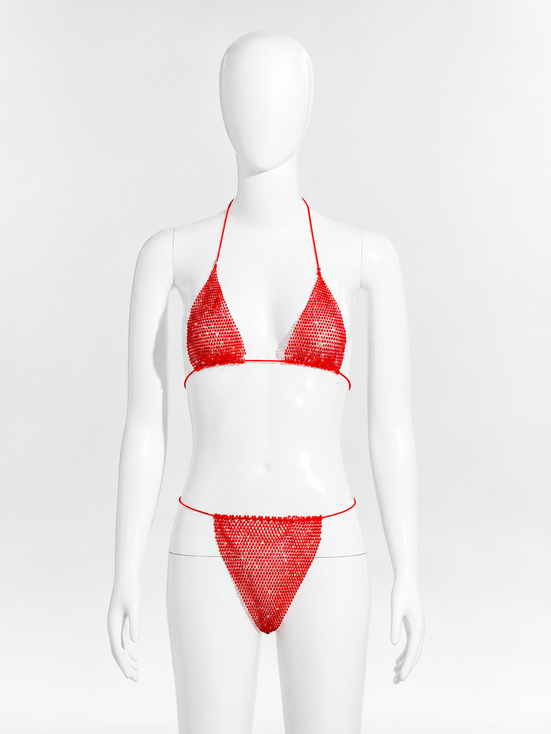 Two-piece triangle-style halter bikini with rhinestones