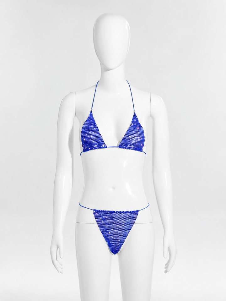 Two-piece triangle-style halter bikini with rhinestones