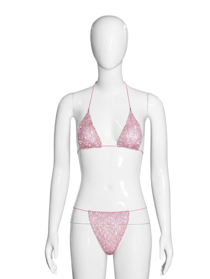 Two-piece triangle-style halter bikini with rhinestones