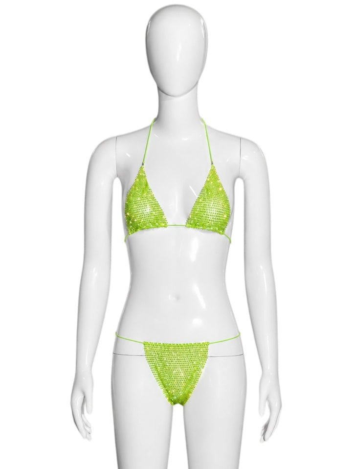 Two-piece triangle-style halter bikini with rhinestones