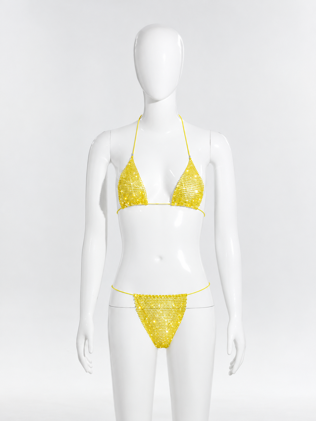 Two-piece triangle-style halter bikini with rhinestones