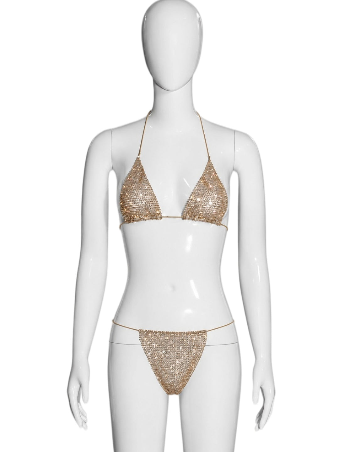 Two-piece triangle-style halter bikini with rhinestones