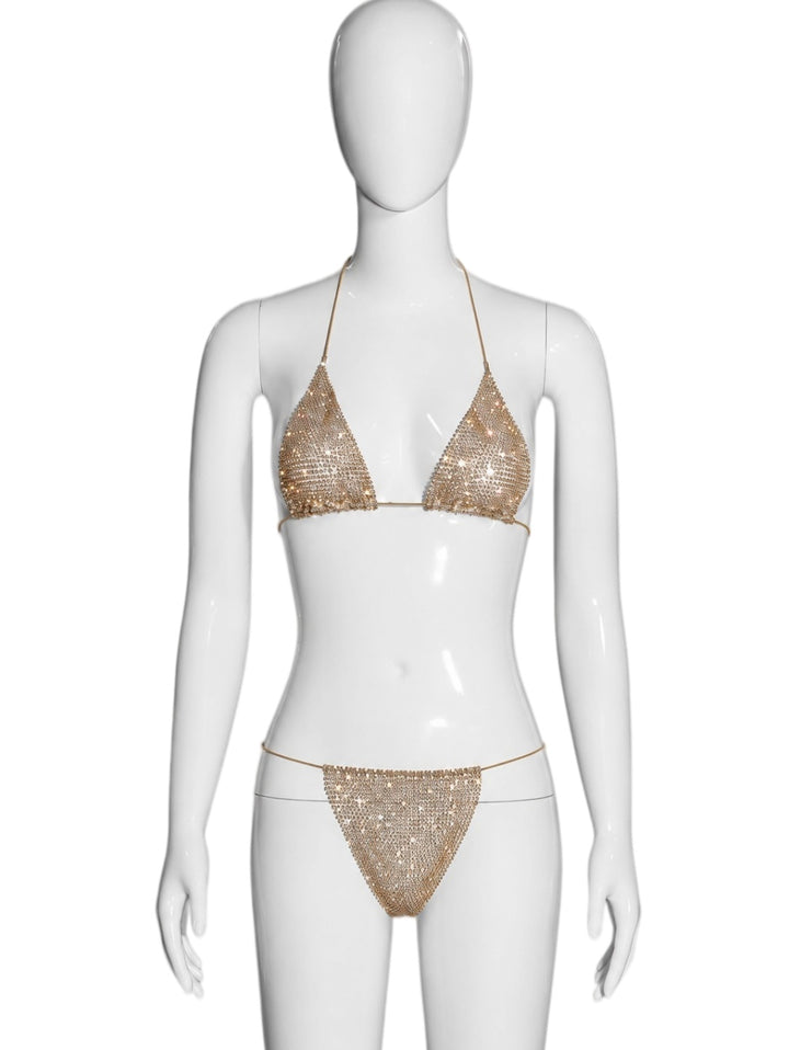 Two-piece triangle-style halter bikini with rhinestones