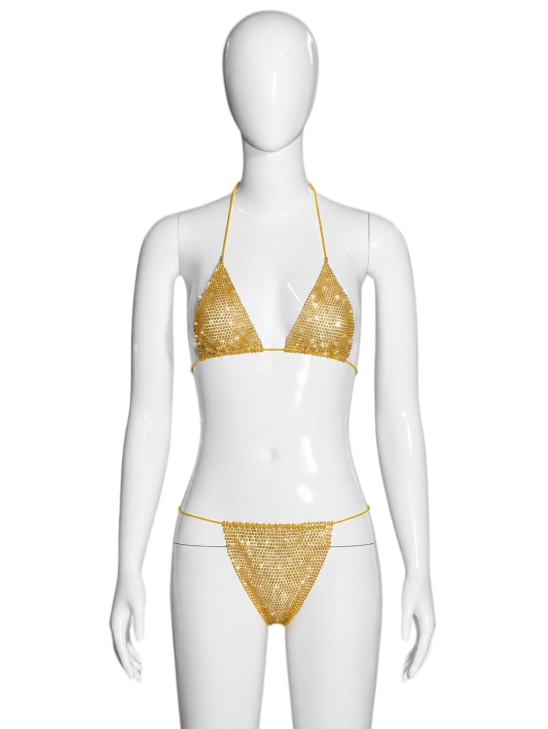 Two-piece triangle-style halter bikini with rhinestones