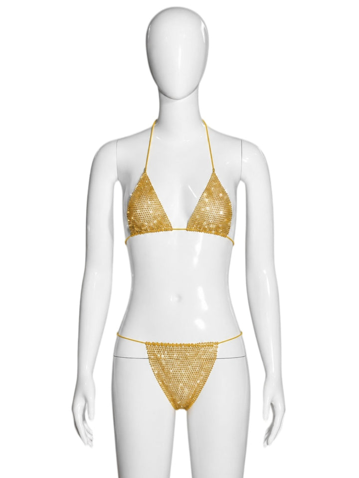 Two-piece triangle-style halter bikini with rhinestones