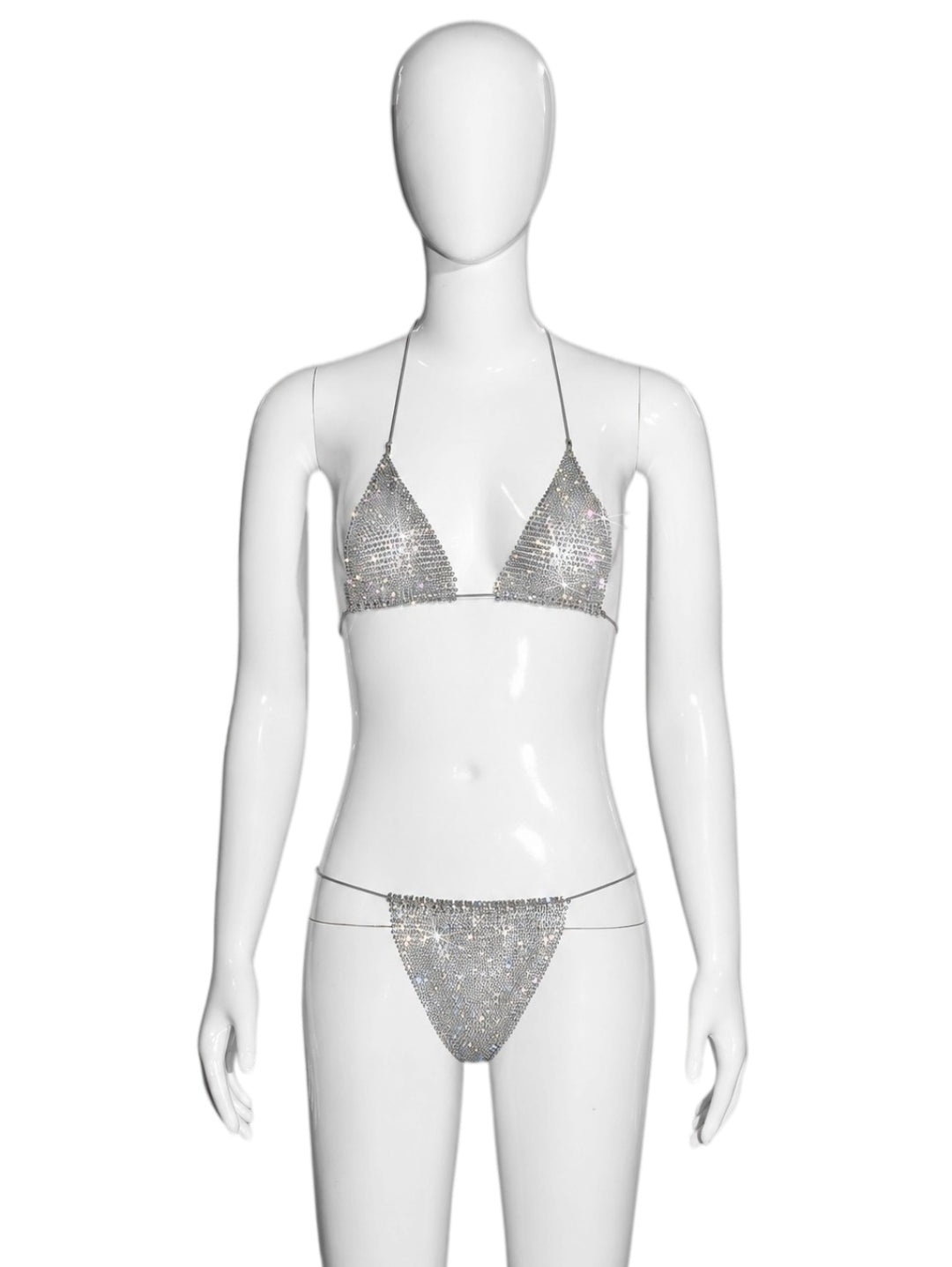 Two-piece triangle-style halter bikini with rhinestones