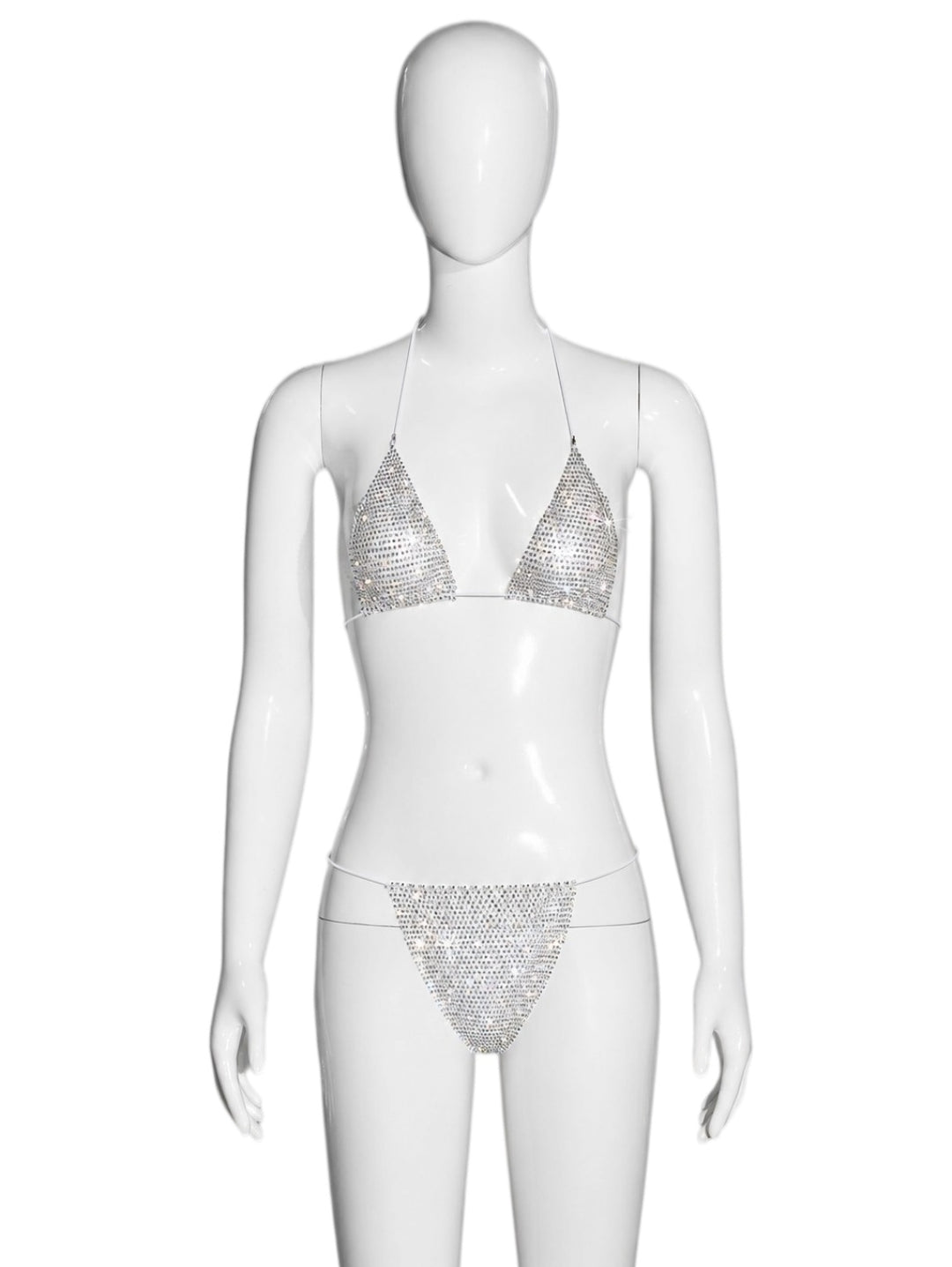 Two-piece triangle-style halter bikini with rhinestones