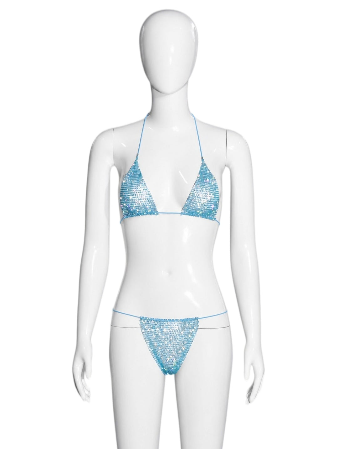 Two-piece triangle-style halter bikini with rhinestones