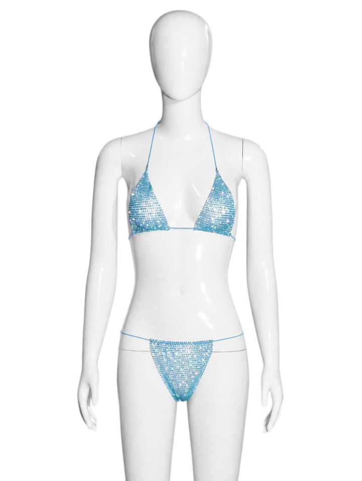 Two-piece triangle-style halter bikini with rhinestones