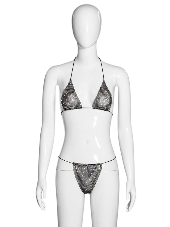 Two-piece triangle-style halter bikini with rhinestones