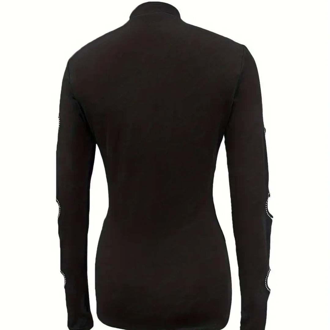 Rhinestone Heart Cutout Front Long Sleeve Bodycon Top