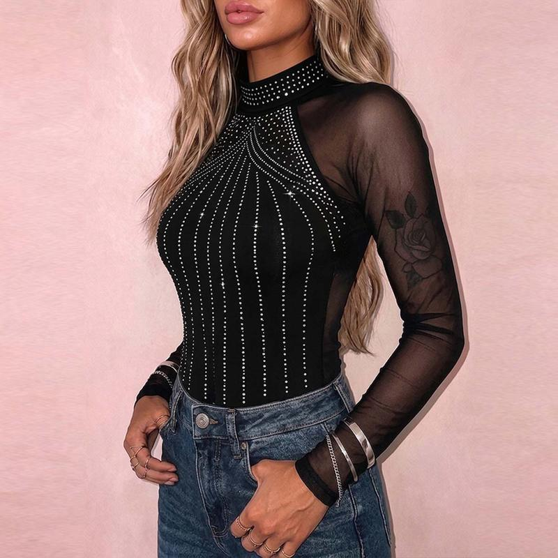 Women’s Black Rhinestone Mesh-Sleeve Bodysuit
